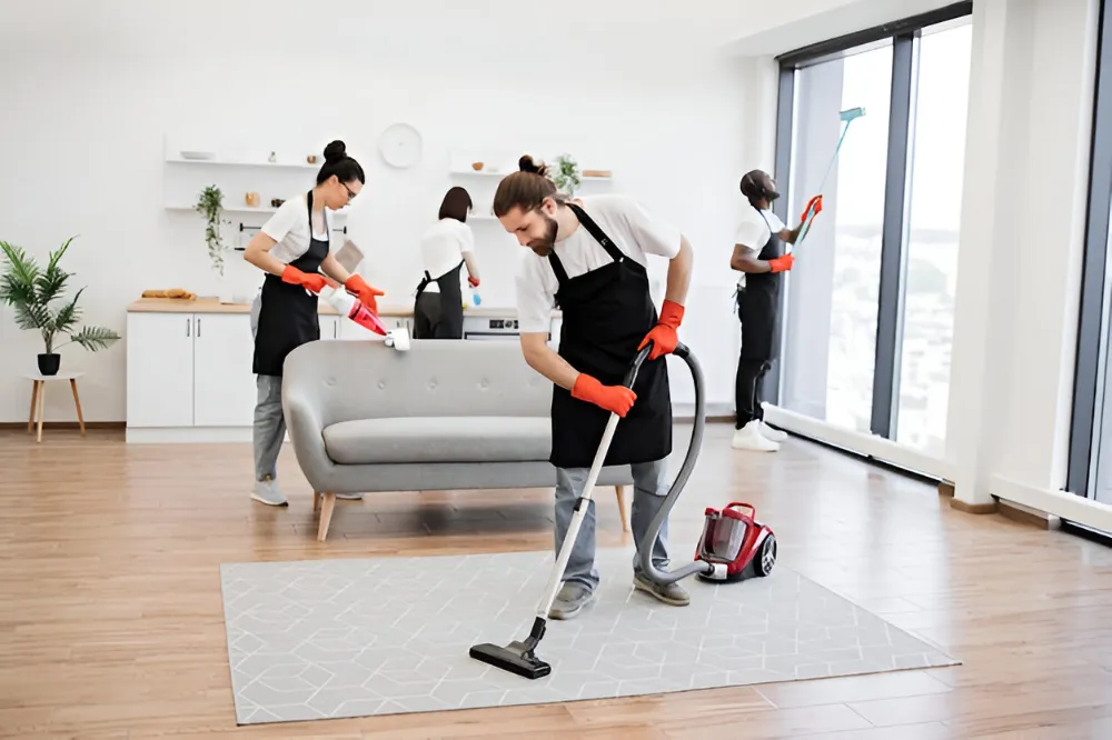 Équipe de ménage professionnelle au travail dans un appartement